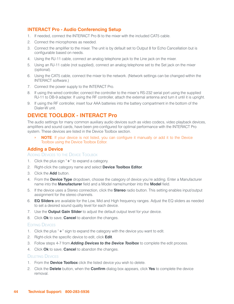 Interact pro - audio conferencing setup, Device toolbox - interact pro, Adding a device | Adding devices to the device toolbox, Editing devices, Deleting devices, Interact p, Udio, Onferencing, Etup | ClearOne Interact Manual User Manual | Page 49 / 68