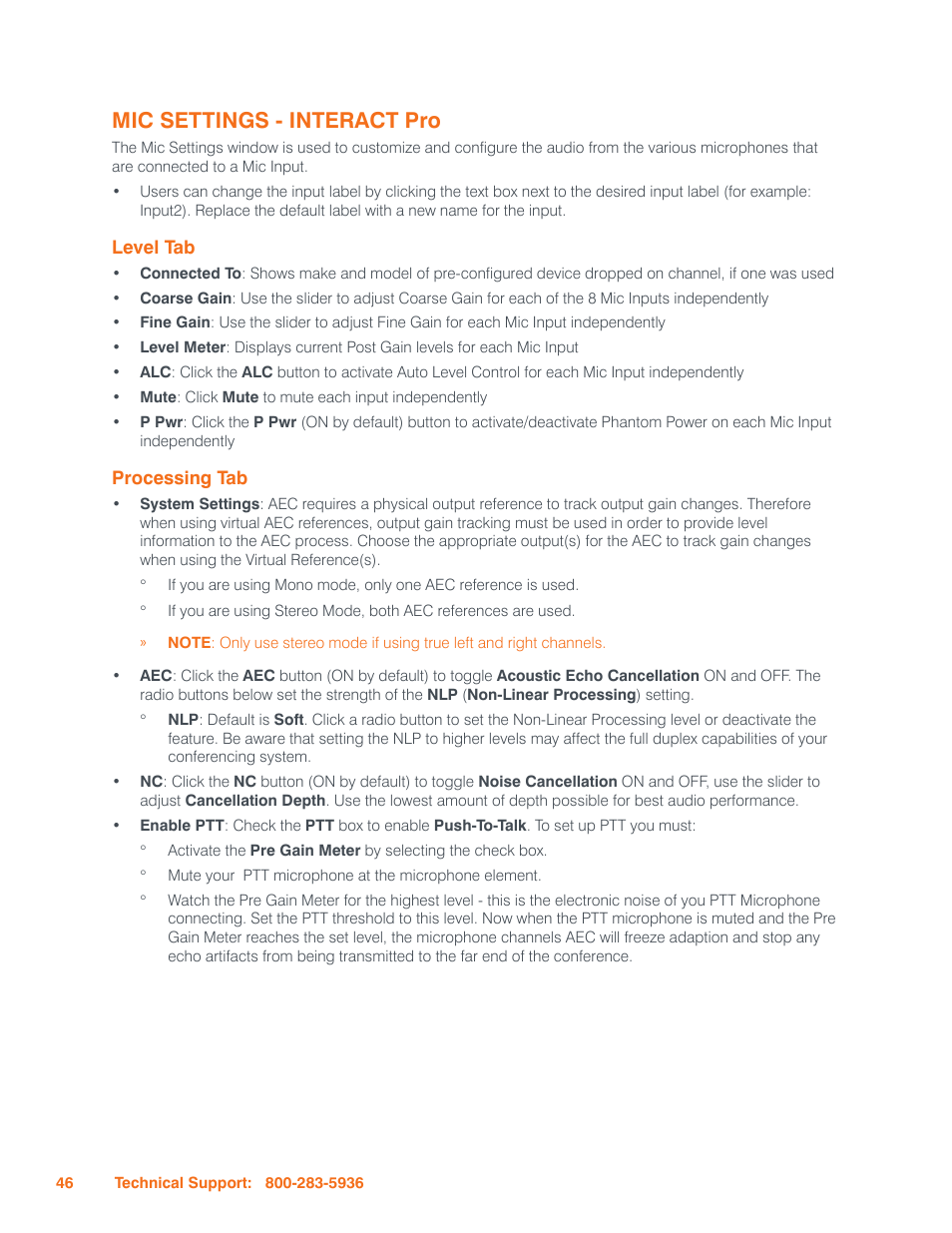 Mic settings - interact pro, Level tab, Processing tab | Evel, Rocessing | ClearOne Interact Manual User Manual | Page 51 / 68