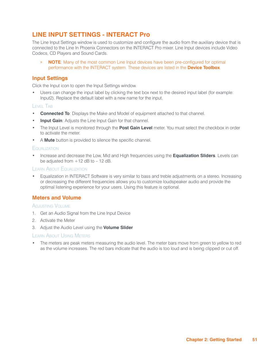 Line input settings - interact pro, Input settings, Level tab | Equalization, Learn about equalization, Meters and volume, Adjusting volume, Learn about using meters, Nput, Ettings | ClearOne Interact Manual User Manual | Page 56 / 68