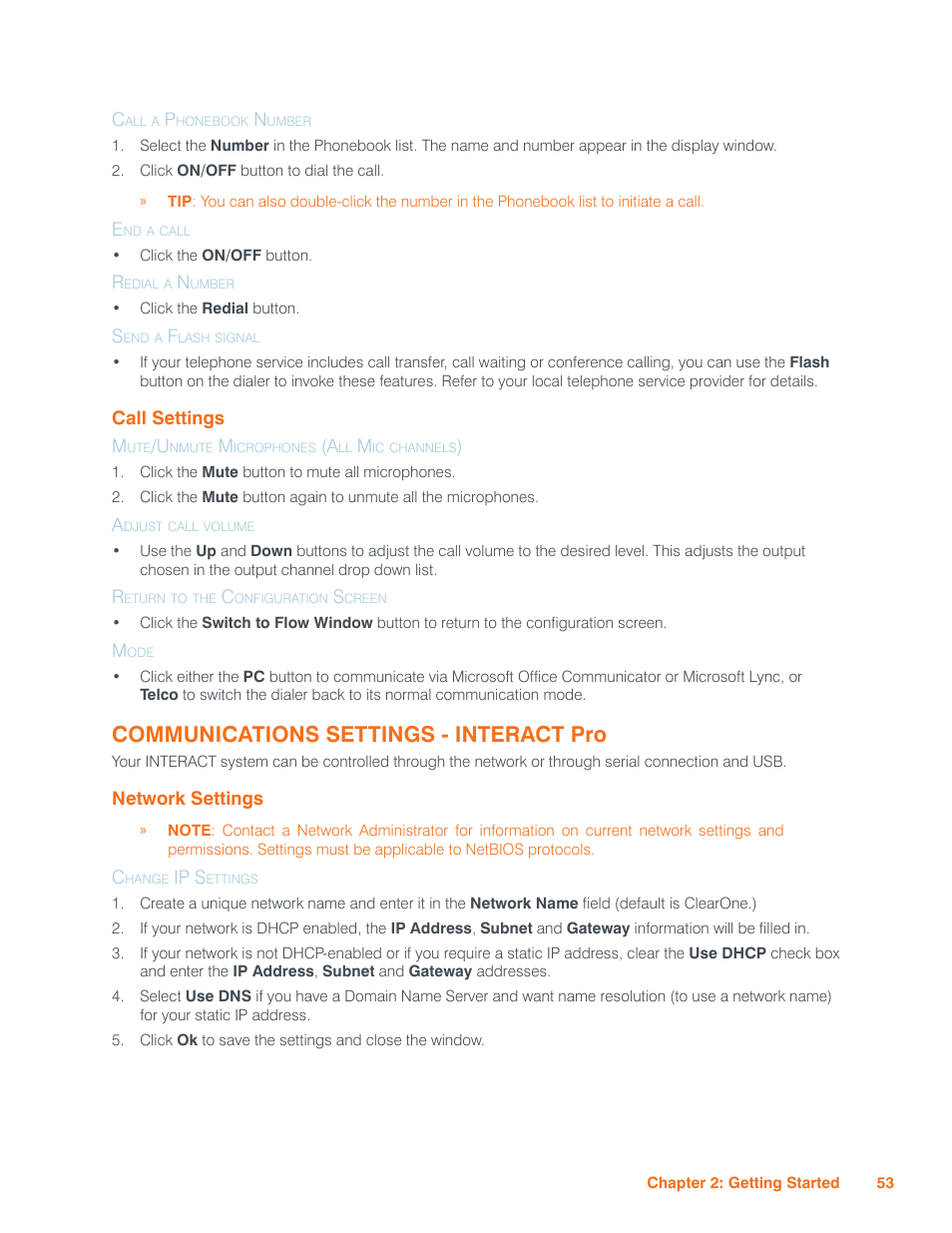 Call a phonebook number, End a call, Redial a number | Send a flash signal, Call settings, Mute/unmute microphones (all mic channels), Adjust call volume, Return to the configuration screen, Mode, Communications settings - interact pro | ClearOne Interact Manual User Manual | Page 58 / 68