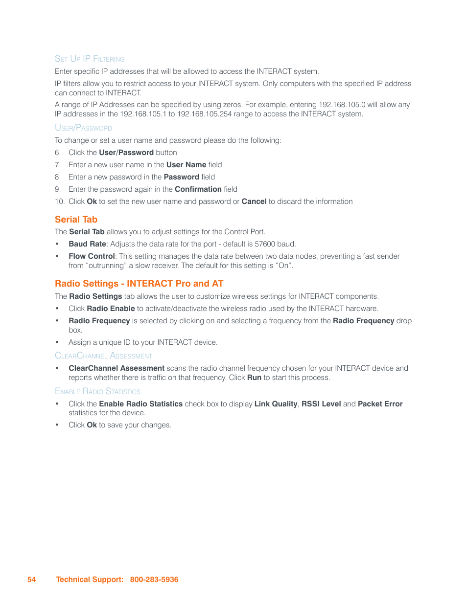 Set up ip filtering, User/password, Serial tab | Radio settings - interact pro and at, Clearchannel assessment, Enable radio statistics, Set up ip filtering user/password, Erial, Adio, Ettings | ClearOne Interact Manual User Manual | Page 59 / 68