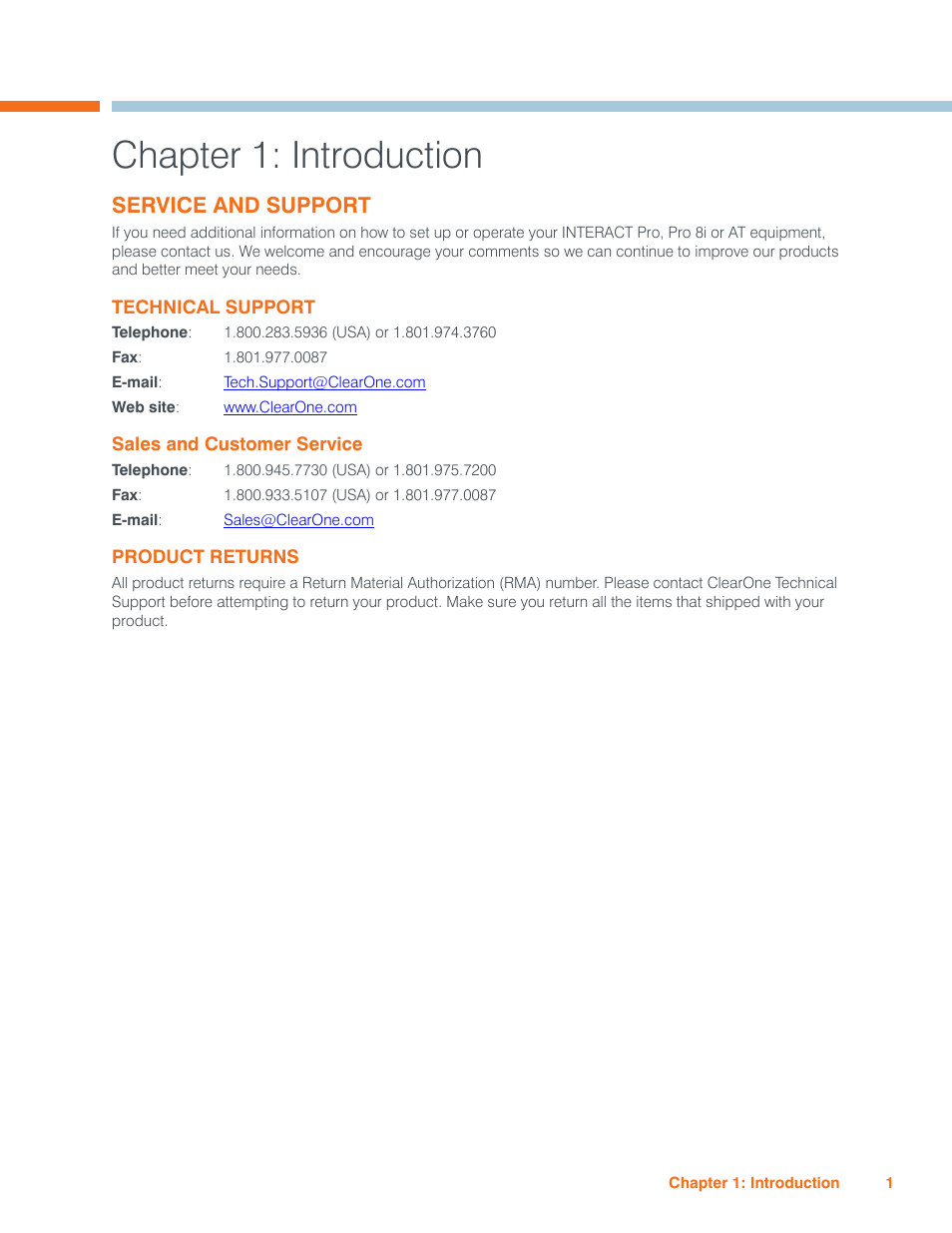 Chapter 1: introduction, Service and support, Technical support | Sales and customer service, Product returns, Echnical, Upport, Ales, Ustomer, Ervice | ClearOne Interact Manual User Manual | Page 6 / 68