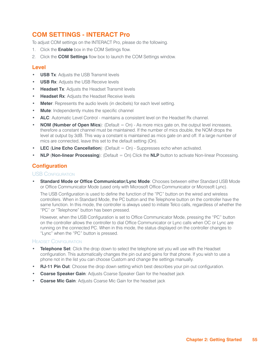 Com settings - interact pro, Level, Configuration | Usb configuration, Headset configuration, Evel, Onfiguration, Usb configuration headset configuration | ClearOne Interact Manual User Manual | Page 60 / 68