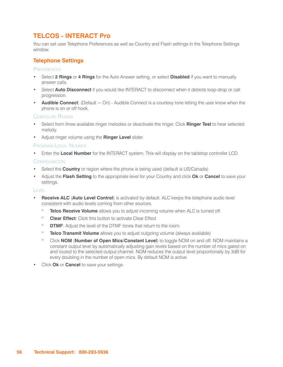 Telcos - interact pro, Telephone settings, Preferences | Configure ringer, Program local number, Configuration, Level, Elephone, Ettings | ClearOne Interact Manual User Manual | Page 61 / 68