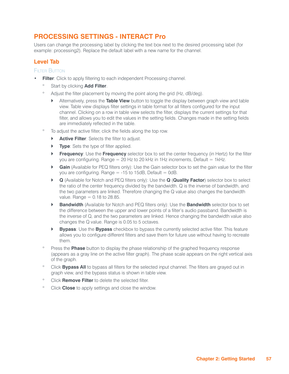 Processing settings - interact pro, Level tab, Filter button | Evel | ClearOne Interact Manual User Manual | Page 62 / 68