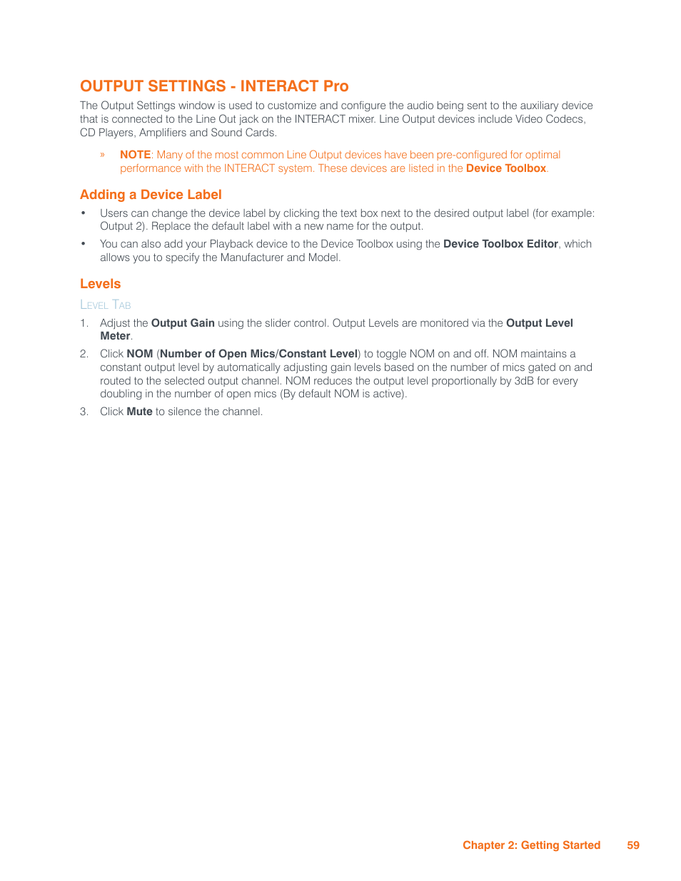 Output settings - interact pro, Adding a device label, Levels | Level tab, Dding, Evice, Abel, Evels | ClearOne Interact Manual User Manual | Page 64 / 68