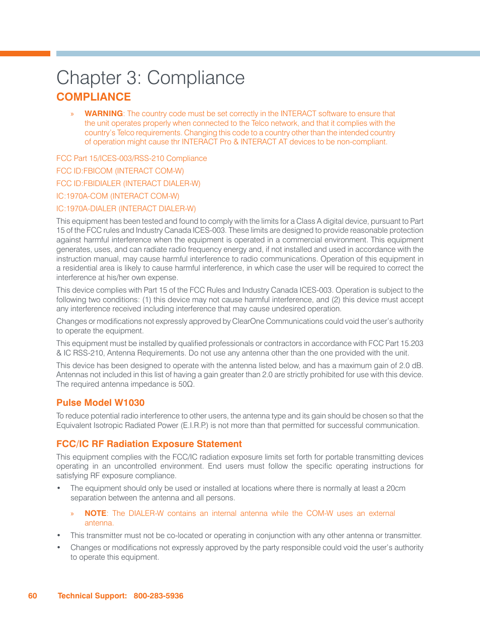 Chapter 3: compliance, Compliance, Pulse model w1030 | Fcc/ic rf radiation exposure statement, Ulse, Odel, W1030, Fcc/ic rf r, Adiation, Xposure | ClearOne Interact Manual User Manual | Page 65 / 68