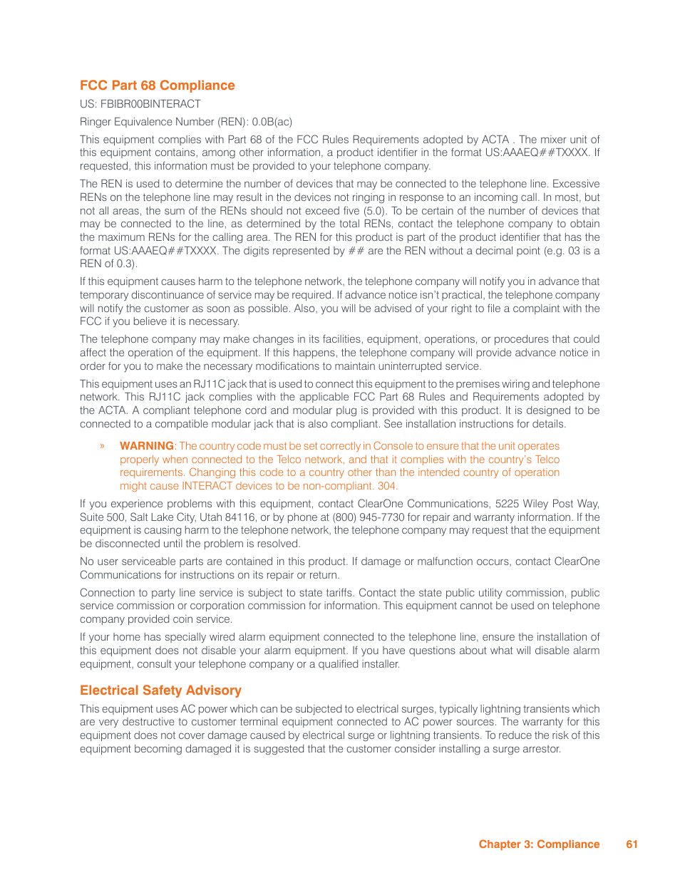 Fcc part 68 compliance, Electrical safety advisory, Fcc p | 68 c, Ompliance, Lectrical, Afety, Dvisory | ClearOne Interact Manual User Manual | Page 66 / 68