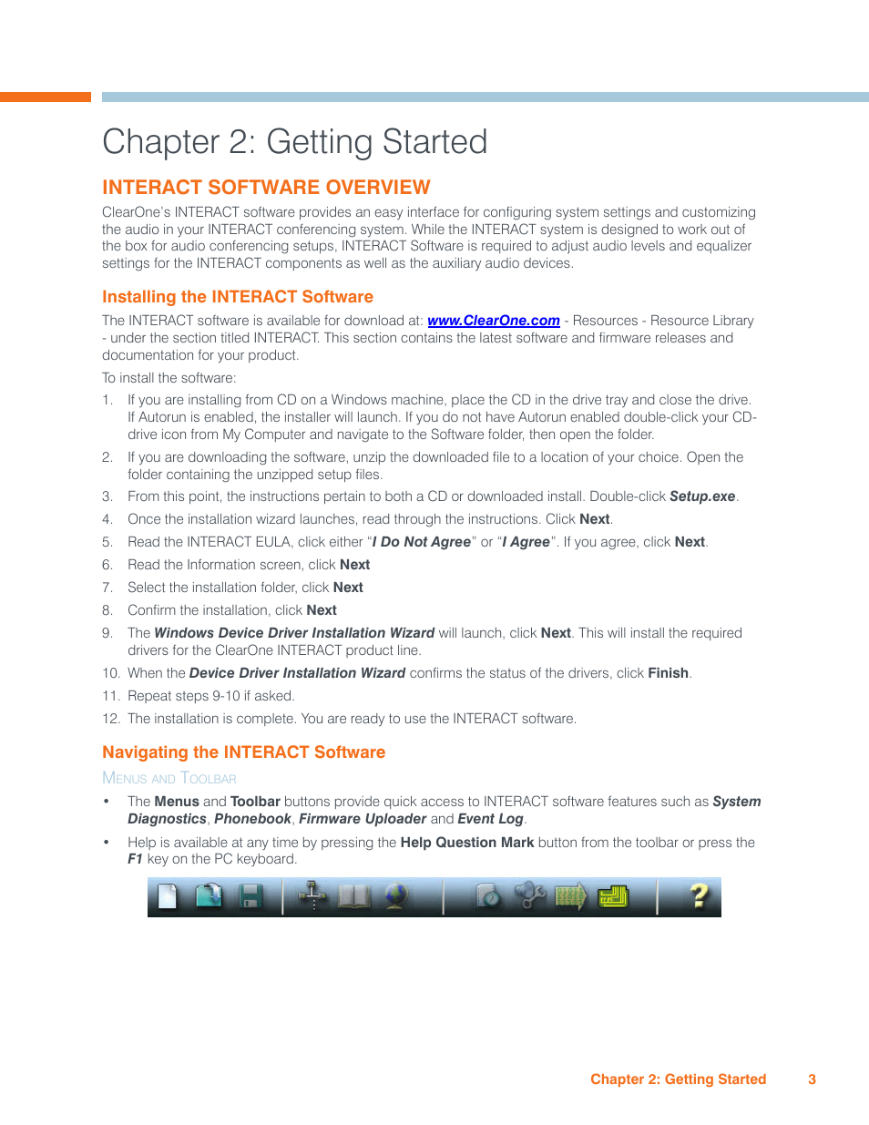 Chapter 2: getting started, Interact software overview, Installing the interact software | Navigating the interact software, Menus and toolbar, Nstalling, Interact s, Oftware, Avigating | ClearOne Interact Manual User Manual | Page 8 / 68