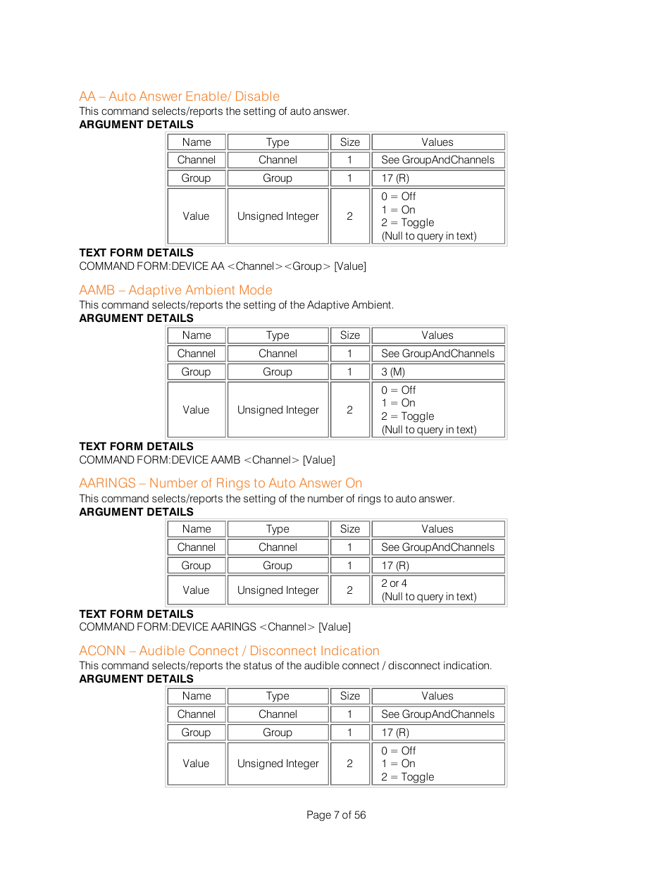 Aa – auto answer enable/ disable, Aamb – adaptive ambient mode, Aarings – number of rings to auto answer on | Aconn – audible connect / disconnect indication | ClearOne Interact Serial Command Guide User Manual | Page 12 / 61