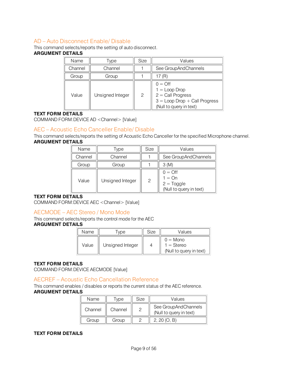 Ad – auto disconnect enable/ disable, Aec – acoustic echo canceller enable/ disable, Aecmode – aec stereo / mono mode | Aecref – acoustic echo cancellation reference | ClearOne Interact Serial Command Guide User Manual | Page 14 / 61