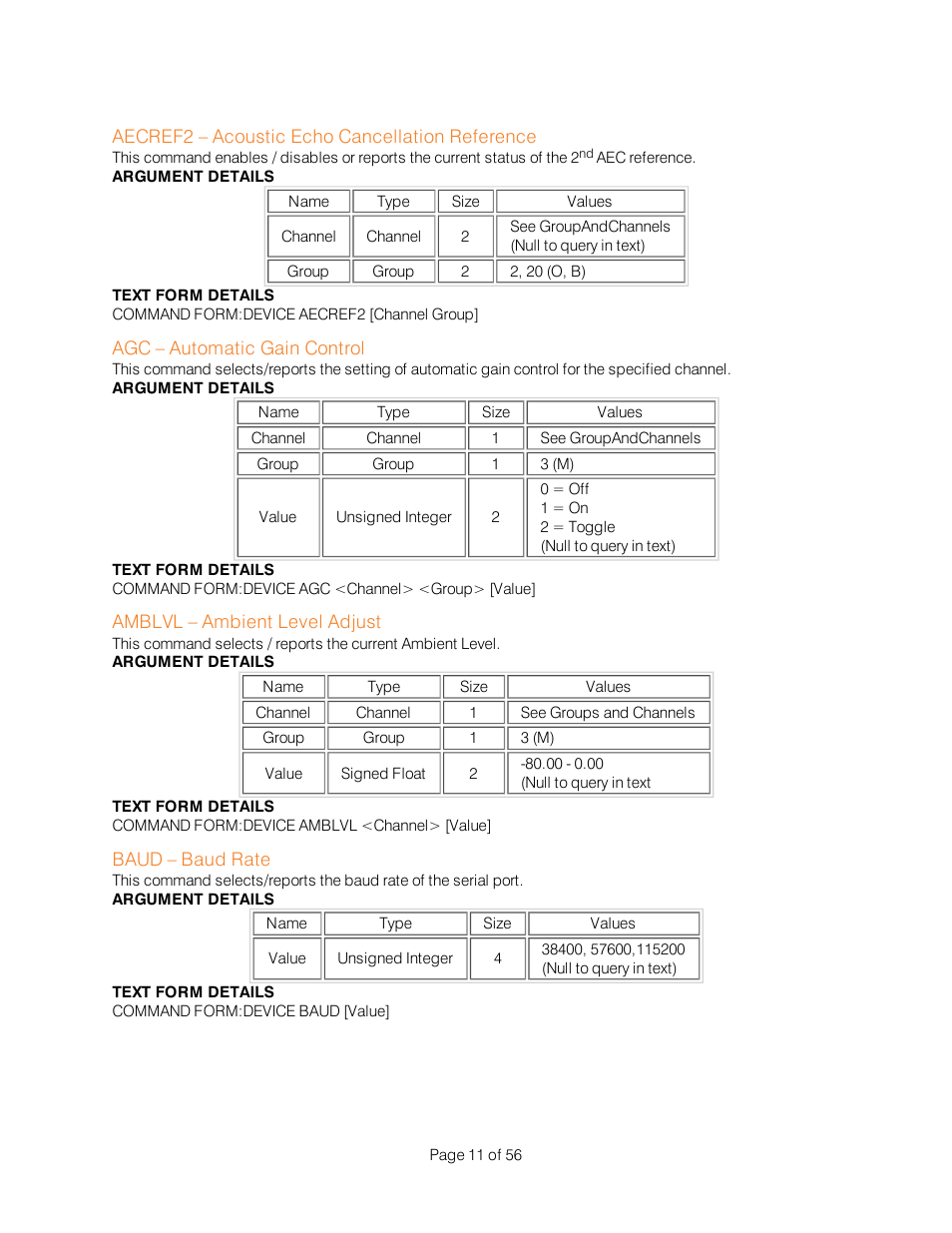 Aecref2 – acoustic echo cancellation reference, Agc – automatic gain control, Amblvl – ambient level adjust | Baud – baud rate | ClearOne Interact Serial Command Guide User Manual | Page 16 / 61