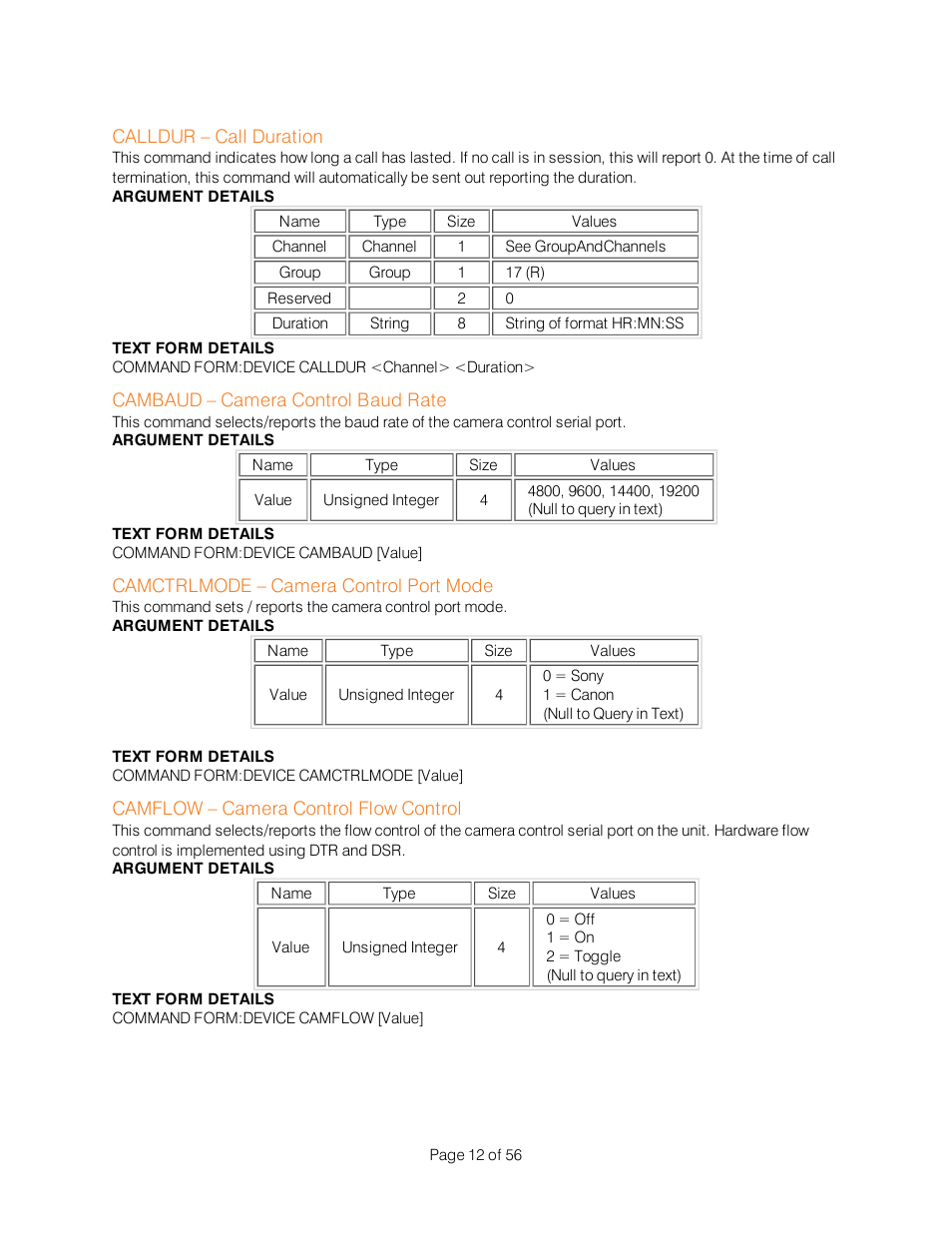 Calldur – call duration, Cambaud – camera control baud rate, Camctrlmode – camera control port mode | Camflow – camera control flow control | ClearOne Interact Serial Command Guide User Manual | Page 17 / 61