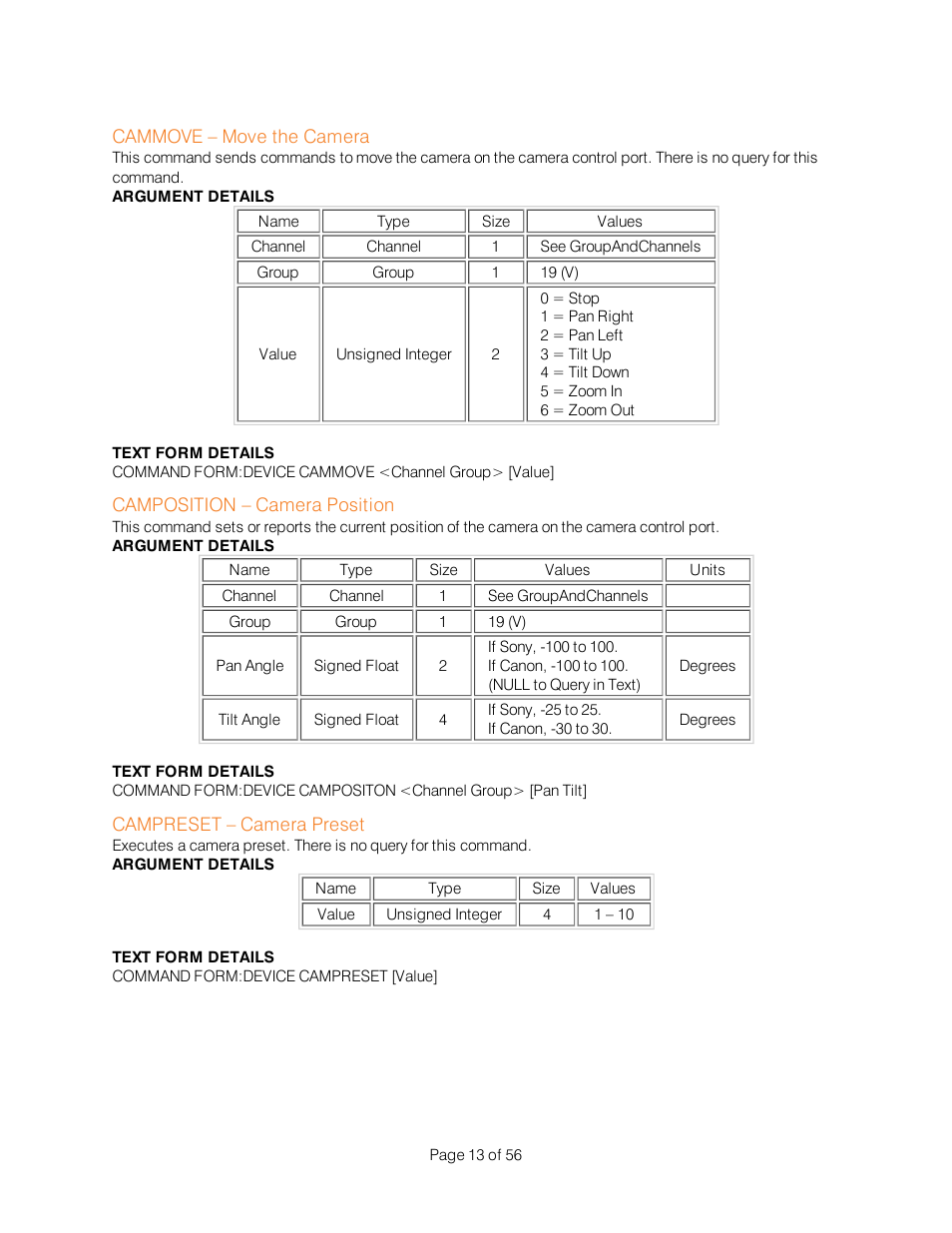 Cammove – move the camera, Camposition – camera position, Campreset – camera preset | ClearOne Interact Serial Command Guide User Manual | Page 18 / 61