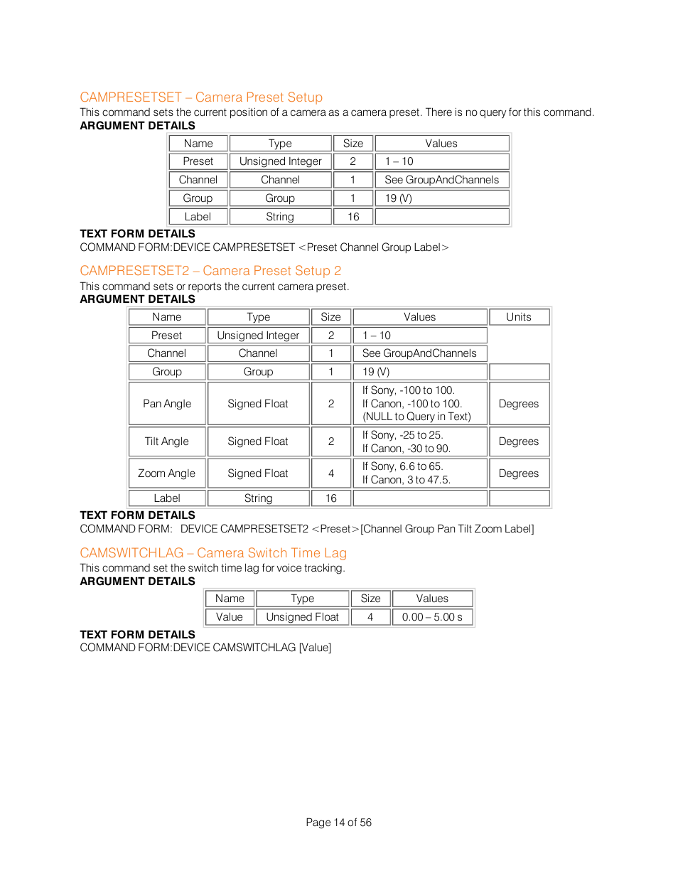 Campresetset – camera preset setup, Campresetset2 – camera preset setup 2, Camswitchlag – camera switch time lag | ClearOne Interact Serial Command Guide User Manual | Page 19 / 61