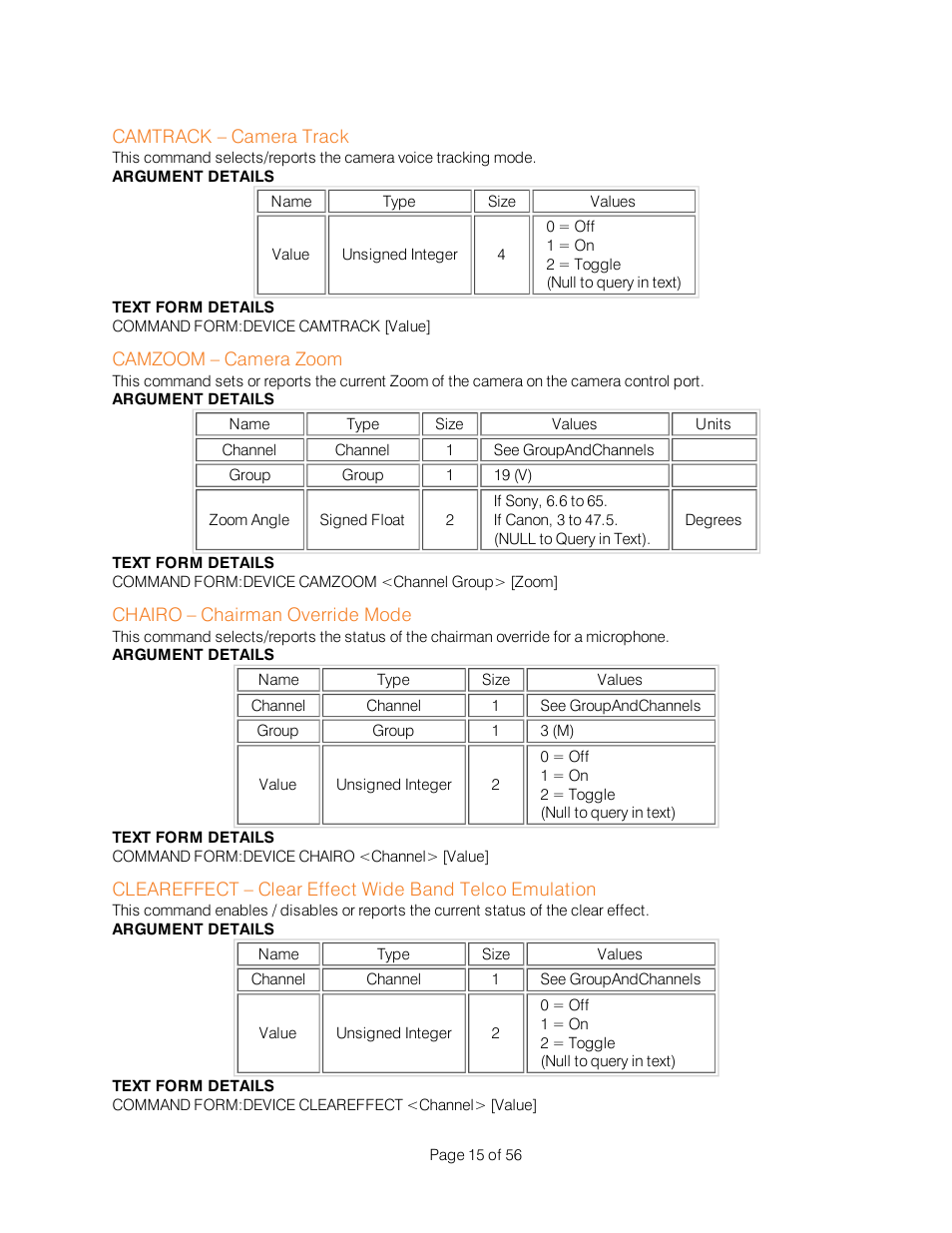 Camtrack – camera track, Camzoom – camera zoom, Chairo – chairman override mode | ClearOne Interact Serial Command Guide User Manual | Page 20 / 61