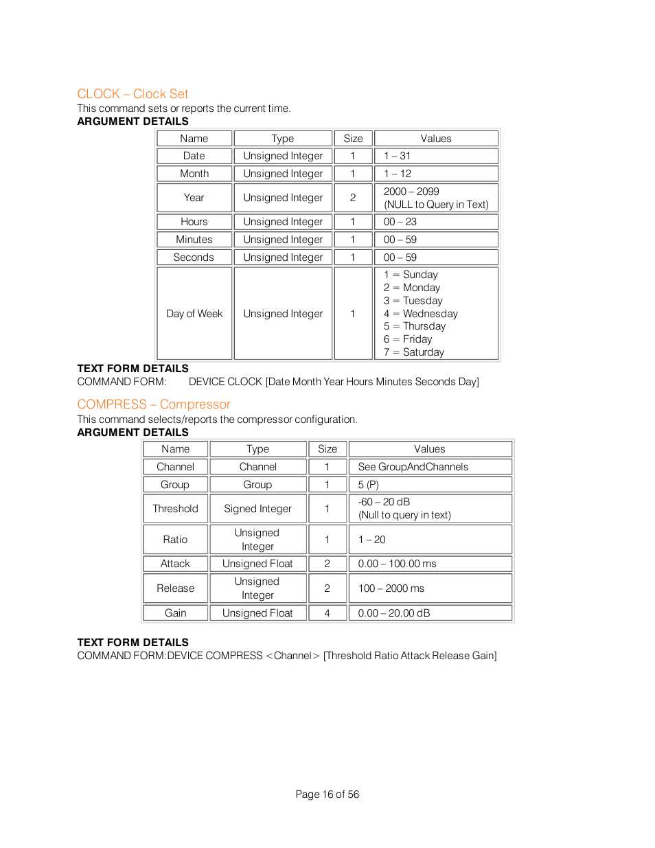 Clock – clock set, Compress – compressor | ClearOne Interact Serial Command Guide User Manual | Page 21 / 61