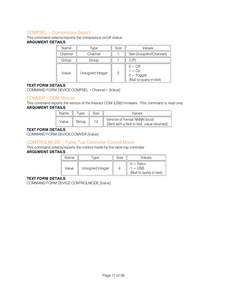 Compsel – compressor select, Comver – com version, Controlmode – table top controller control mode | ClearOne Interact Serial Command Guide User Manual | Page 22 / 61