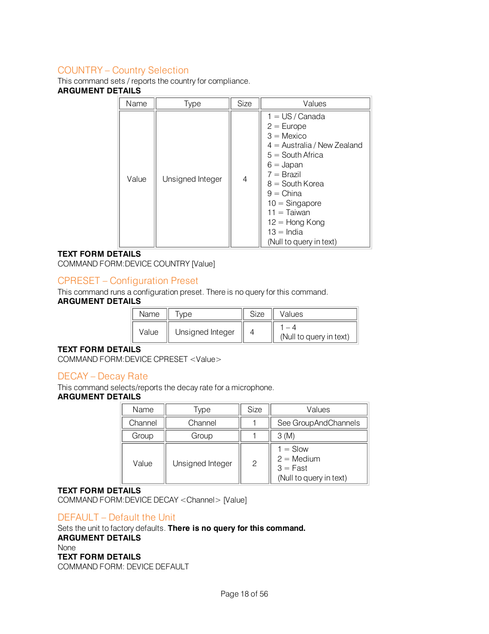 Country – country selection, Cpreset – configuration preset, Decay – decay rate | Default – default the unit | ClearOne Interact Serial Command Guide User Manual | Page 23 / 61