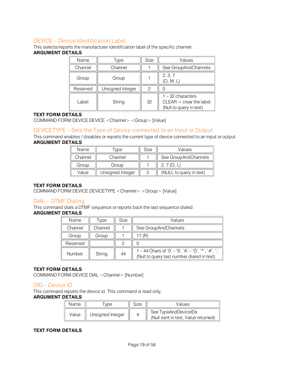 Device – device identification label, Dial – dtmf dialing, Did – device id | ClearOne Interact Serial Command Guide User Manual | Page 24 / 61