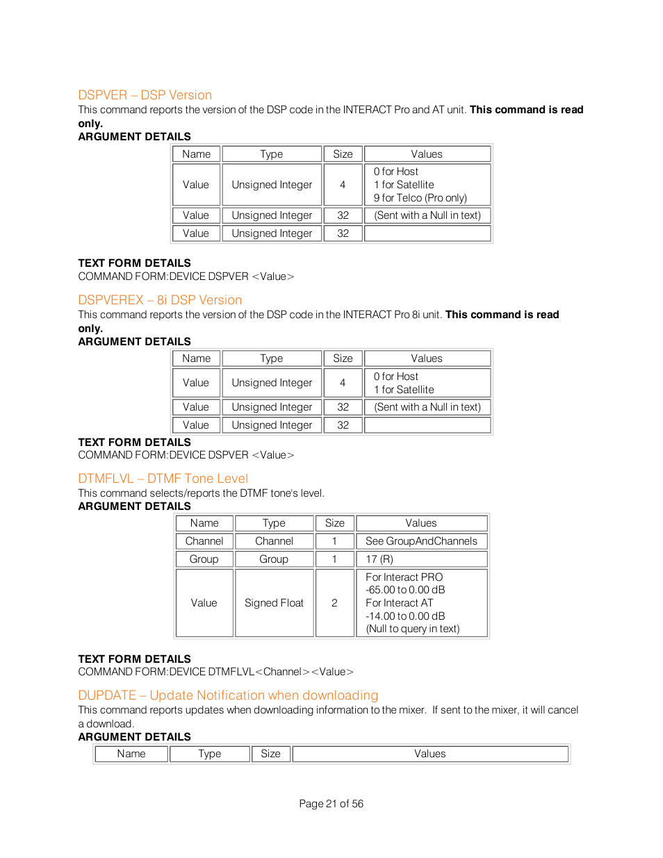 Dspver – dsp version, Dspverex – 8i dsp version, Dtmflvl – dtmf tone level | Dupdate – update notification when downloading | ClearOne Interact Serial Command Guide User Manual | Page 26 / 61