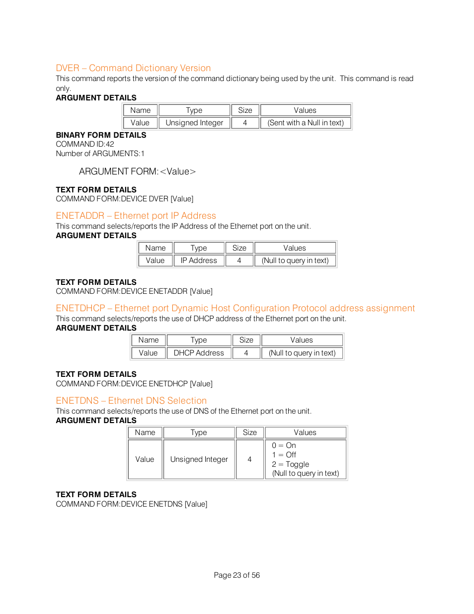 Dver – command dictionary version, Enetaddr – ethernet port ip address, Enetdns – ethernet dns selection | ClearOne Interact Serial Command Guide User Manual | Page 28 / 61