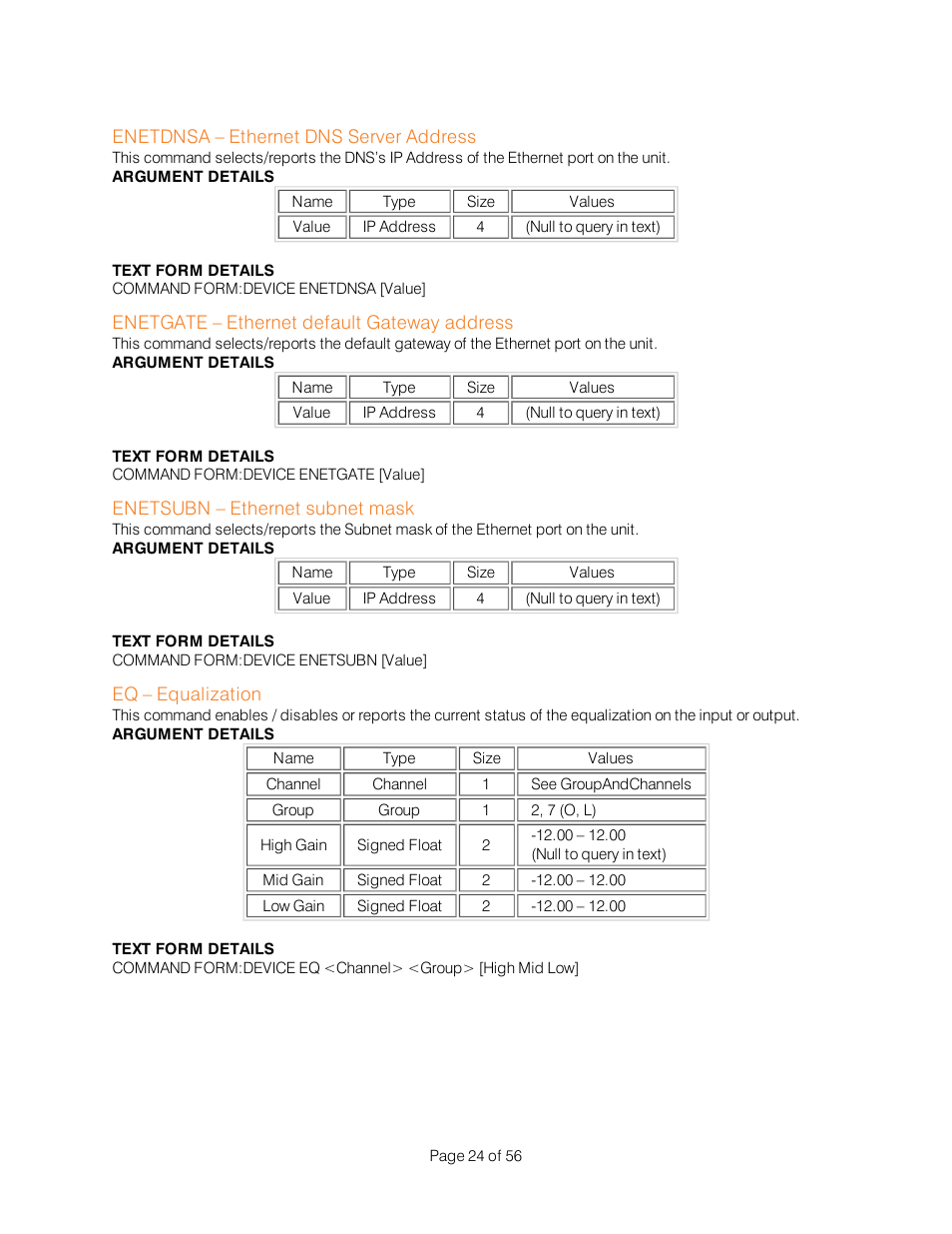 Enetdnsa – ethernet dns server address, Enetgate – ethernet default gateway address, Enetsubn – ethernet subnet mask | Eq – equalization | ClearOne Interact Serial Command Guide User Manual | Page 29 / 61