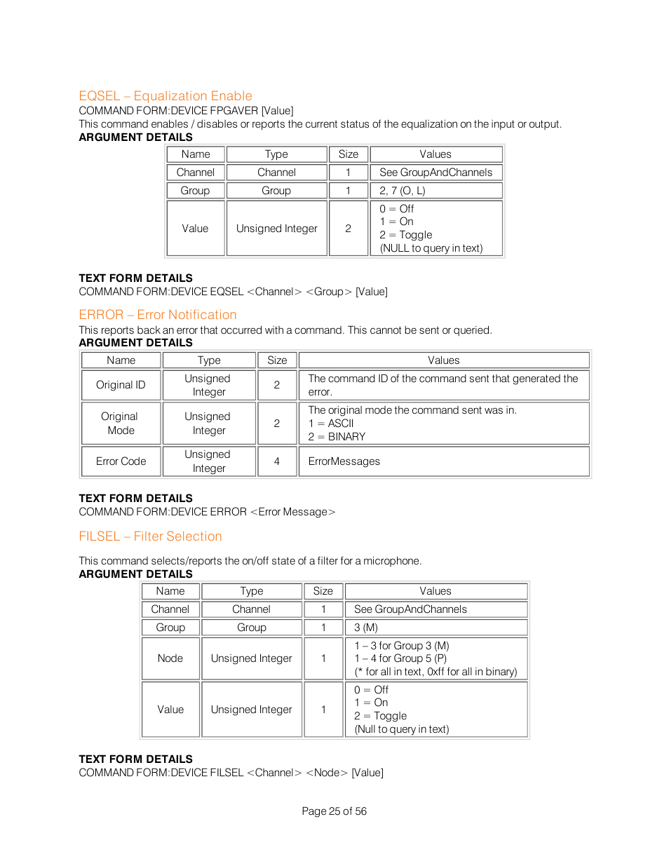 Eqsel – equalization enable, Error – error notification, Filsel – filter selection | ClearOne Interact Serial Command Guide User Manual | Page 30 / 61