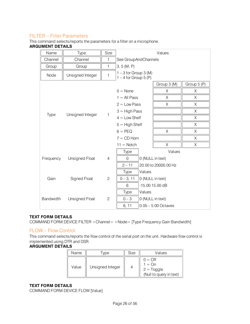 Filter – filter parameters, Flow – flow control | ClearOne Interact Serial Command Guide User Manual | Page 31 / 61