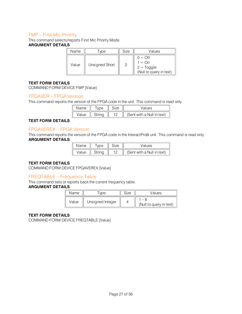 Fmp – first mic priority, Fpgaver – fpga version, Fpgaverex – fpga version | Freqtable – frequency table | ClearOne Interact Serial Command Guide User Manual | Page 32 / 61