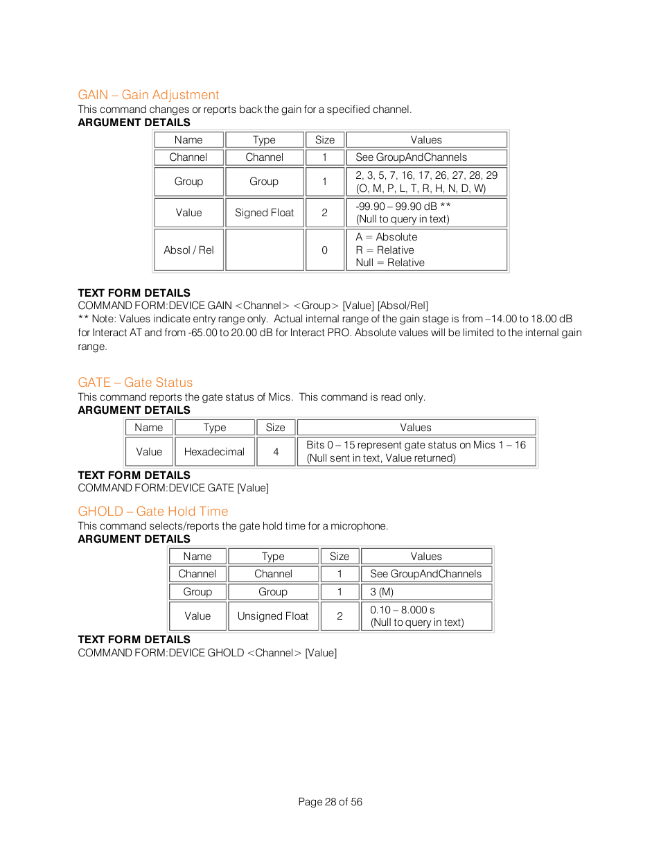 Gain – gain adjustment, Gate – gate status, Ghold – gate hold time | ClearOne Interact Serial Command Guide User Manual | Page 33 / 61