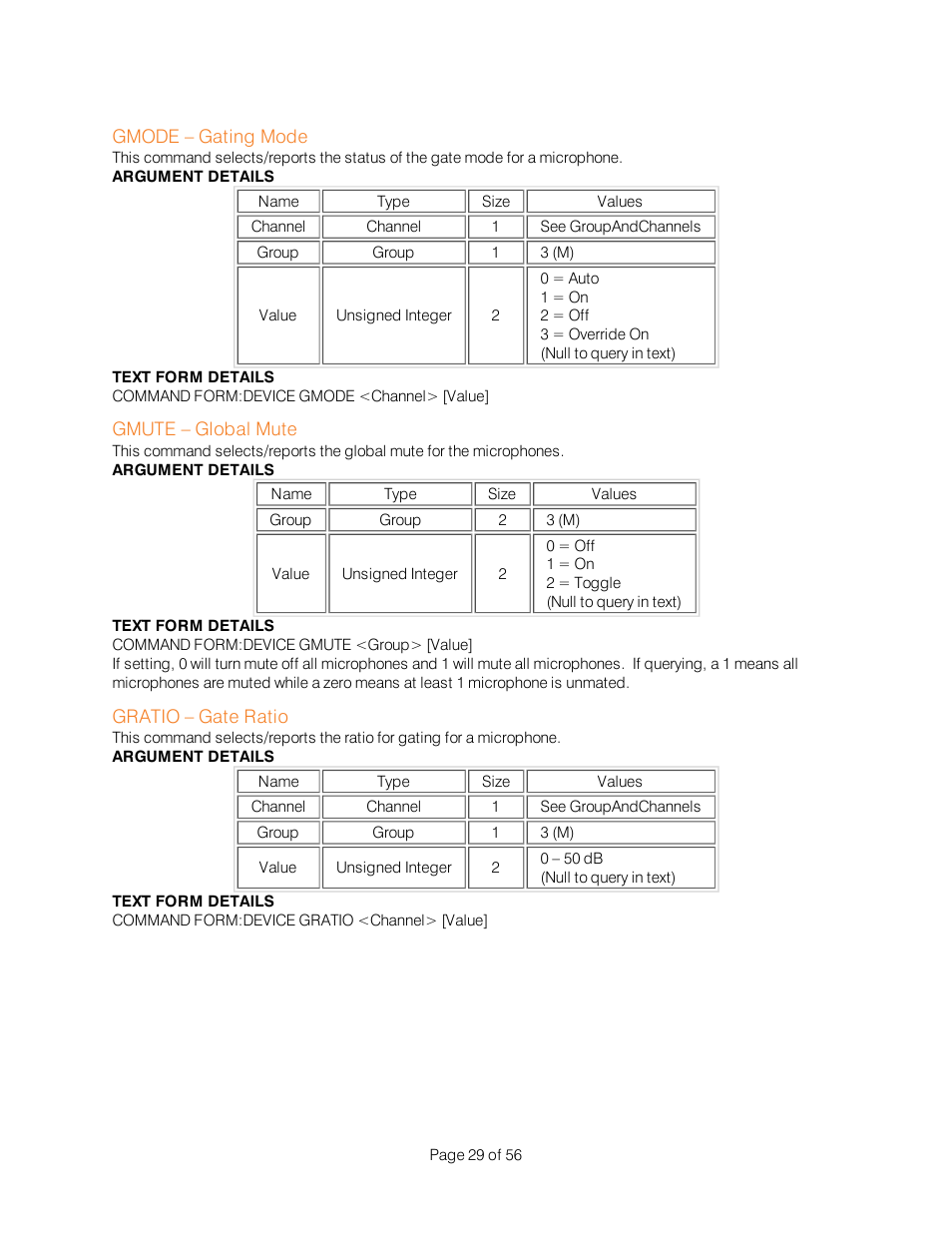 Gmode – gating mode, Gmute – global mute, Gratio – gate ratio | ClearOne Interact Serial Command Guide User Manual | Page 34 / 61