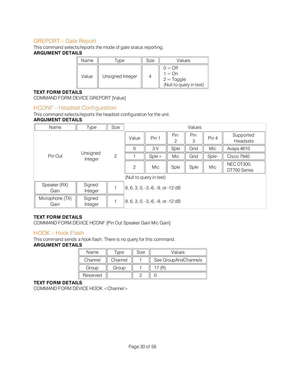 Greport – gate report, Hconf – headset configuration, Hook – hook flash | ClearOne Interact Serial Command Guide User Manual | Page 35 / 61