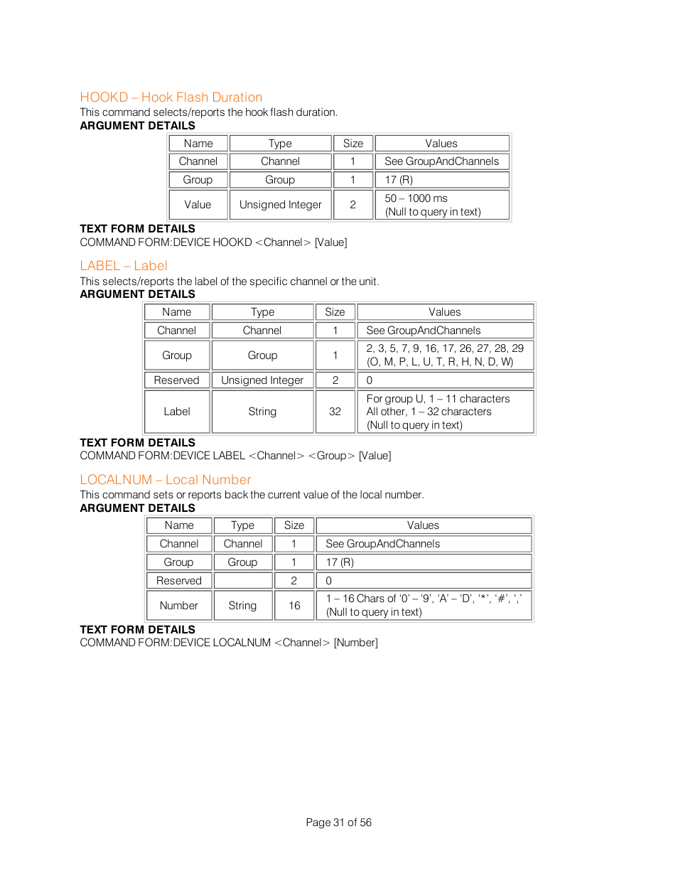 Hookd – hook flash duration, Label – label, Localnum – local number | ClearOne Interact Serial Command Guide User Manual | Page 36 / 61