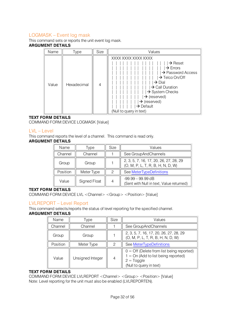 Logmask – event log mask, Lvl – level, Lvlreport – level report | ClearOne Interact Serial Command Guide User Manual | Page 37 / 61