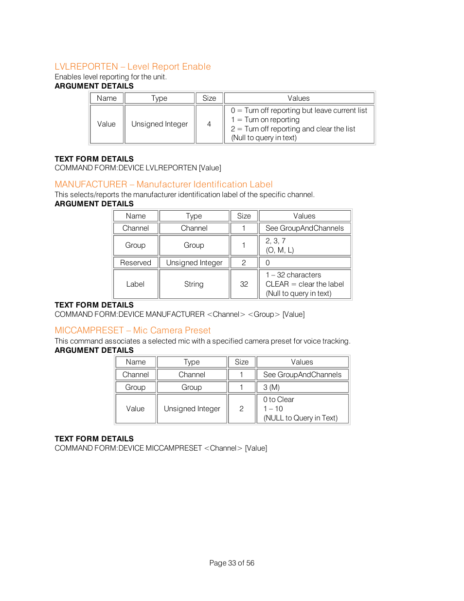 Lvlreporten – level report enable, Manufacturer – manufacturer identification label, Miccampreset – mic camera preset | ClearOne Interact Serial Command Guide User Manual | Page 38 / 61