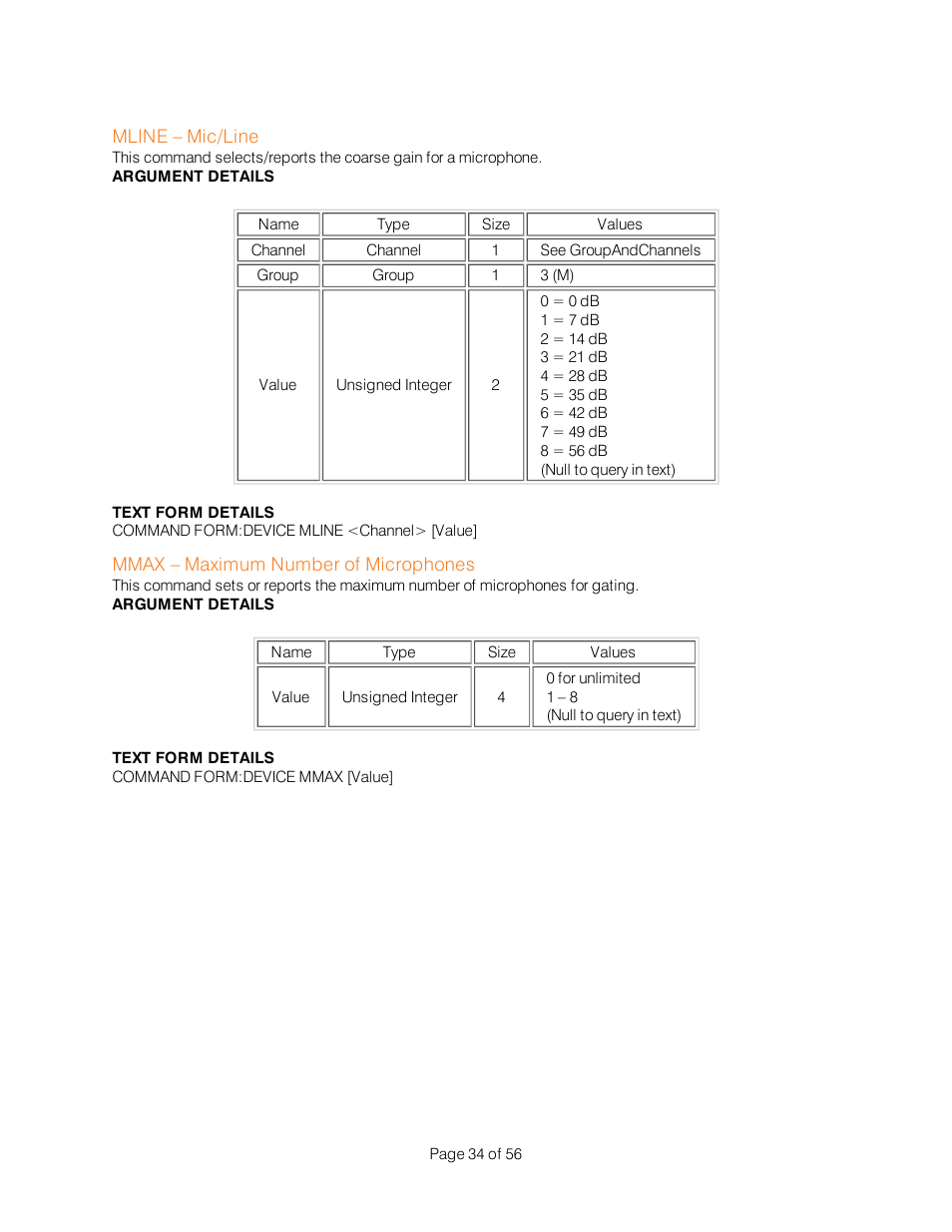 Mline – mic/line, Mmax – maximum number of microphones | ClearOne Interact Serial Command Guide User Manual | Page 39 / 61