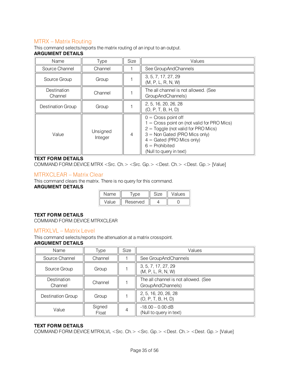 Mtrx – matrix routing, Mtrxclear – matrix clear, Mtrxlvl – matrix level | ClearOne Interact Serial Command Guide User Manual | Page 40 / 61