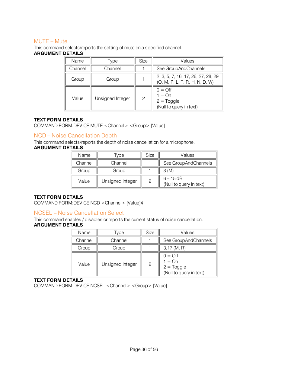 Mute – mute, Ncd – noise cancellation depth, Ncsel – noise cancellation select | ClearOne Interact Serial Command Guide User Manual | Page 41 / 61