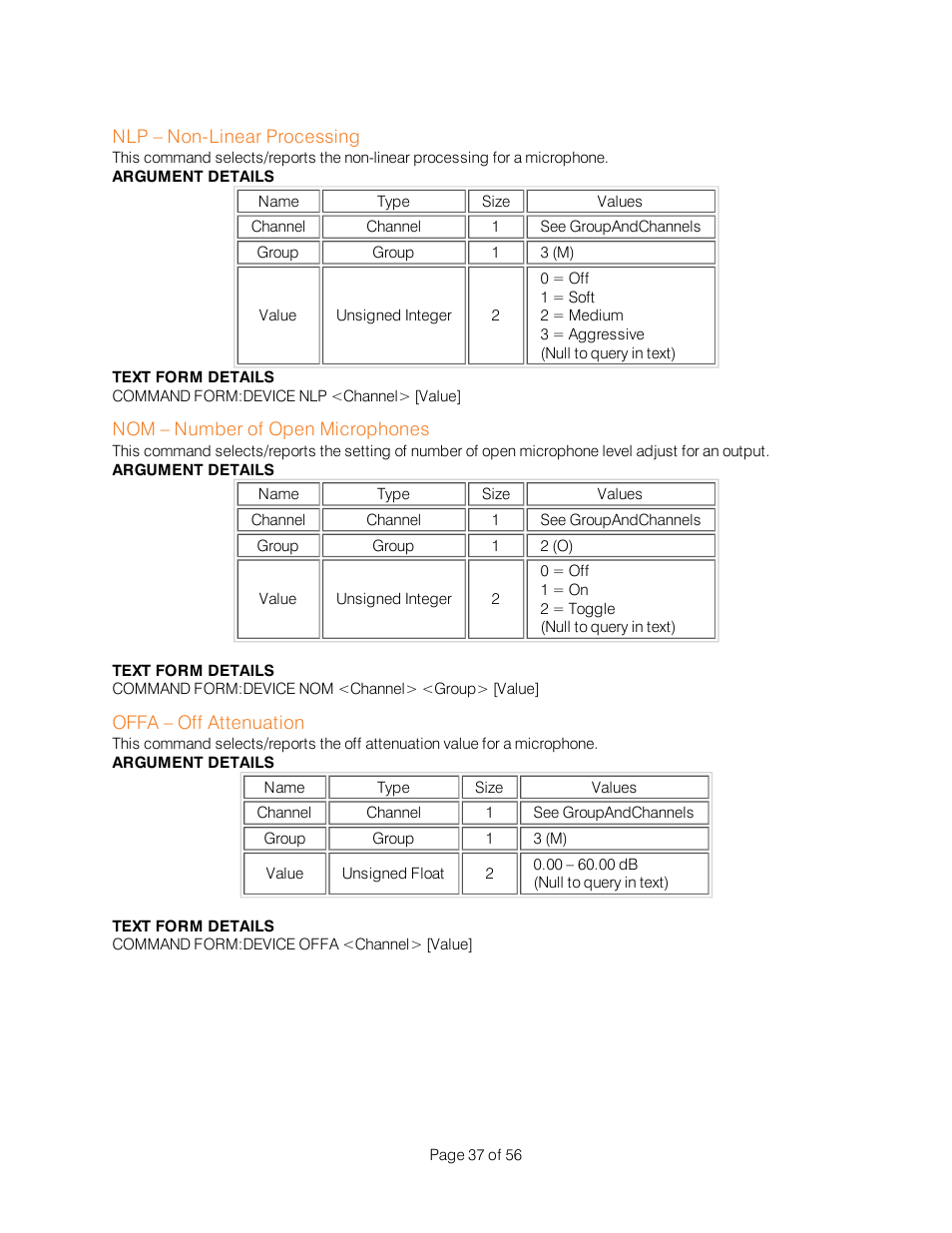Nlp – non-linear processing, Nom – number of open microphones, Offa – off attenuation | ClearOne Interact Serial Command Guide User Manual | Page 42 / 61