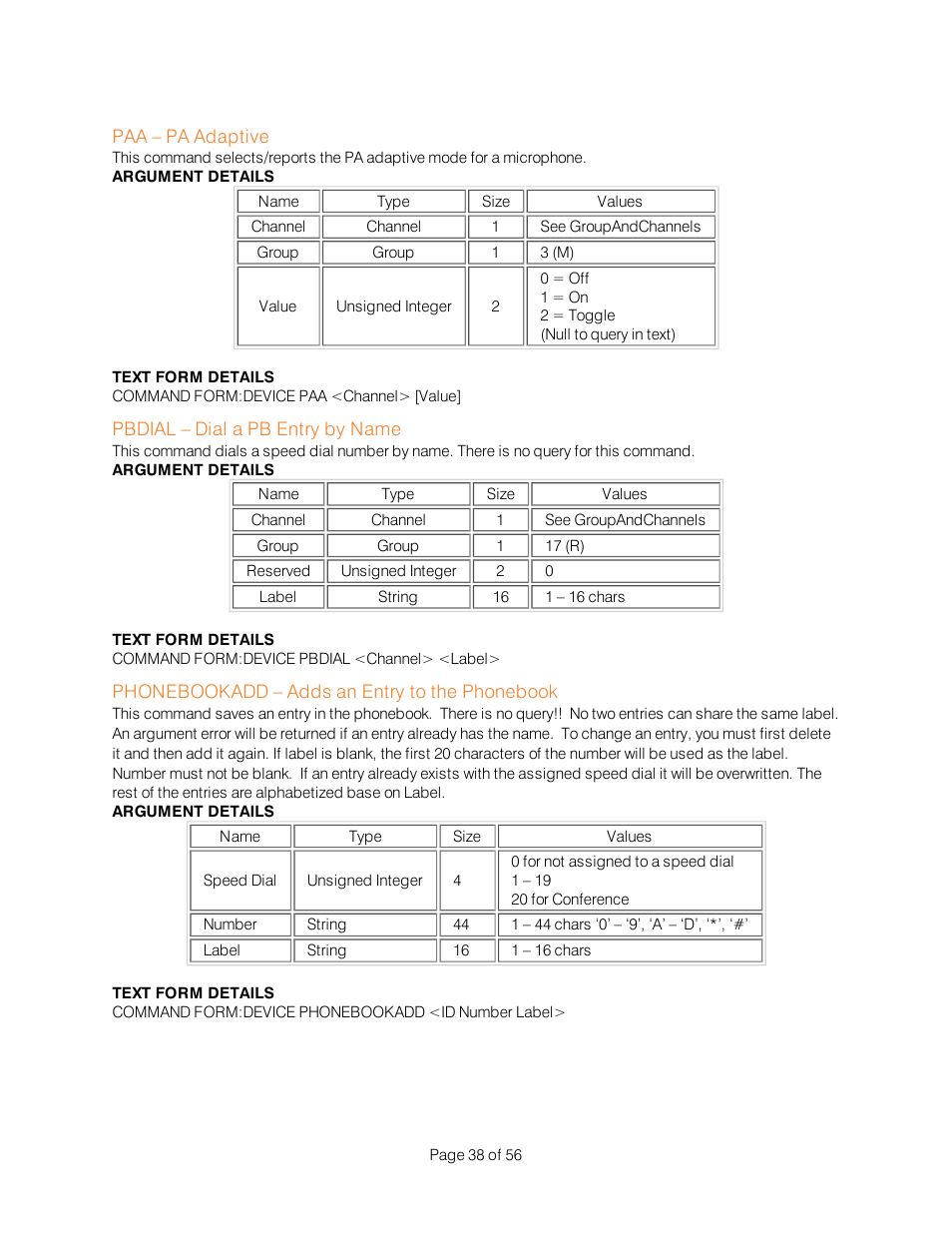 Paa – pa adaptive, Pbdial – dial a pb entry by name, Phonebookadd – adds an entry to the phonebook | ClearOne Interact Serial Command Guide User Manual | Page 43 / 61