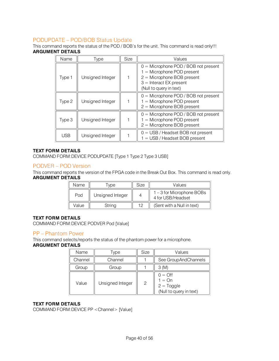 Podupdate – pod/bob status update, Podver – pod version, Pp – phantom power | ClearOne Interact Serial Command Guide User Manual | Page 45 / 61