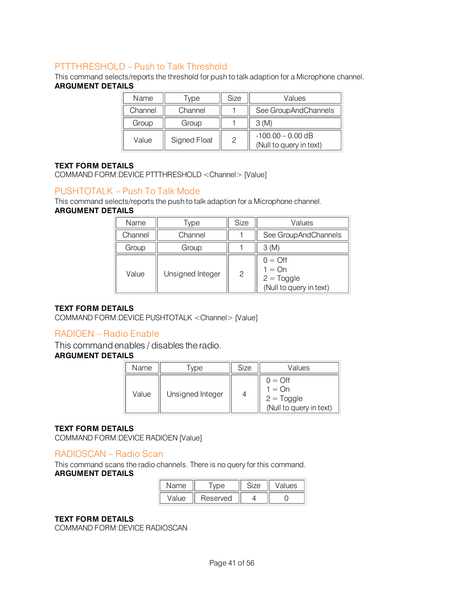 Pttthreshold – push to talk threshold, Pushtotalk – push to talk mode, Radioen – radio enable | Radioscan – radio scan | ClearOne Interact Serial Command Guide User Manual | Page 46 / 61