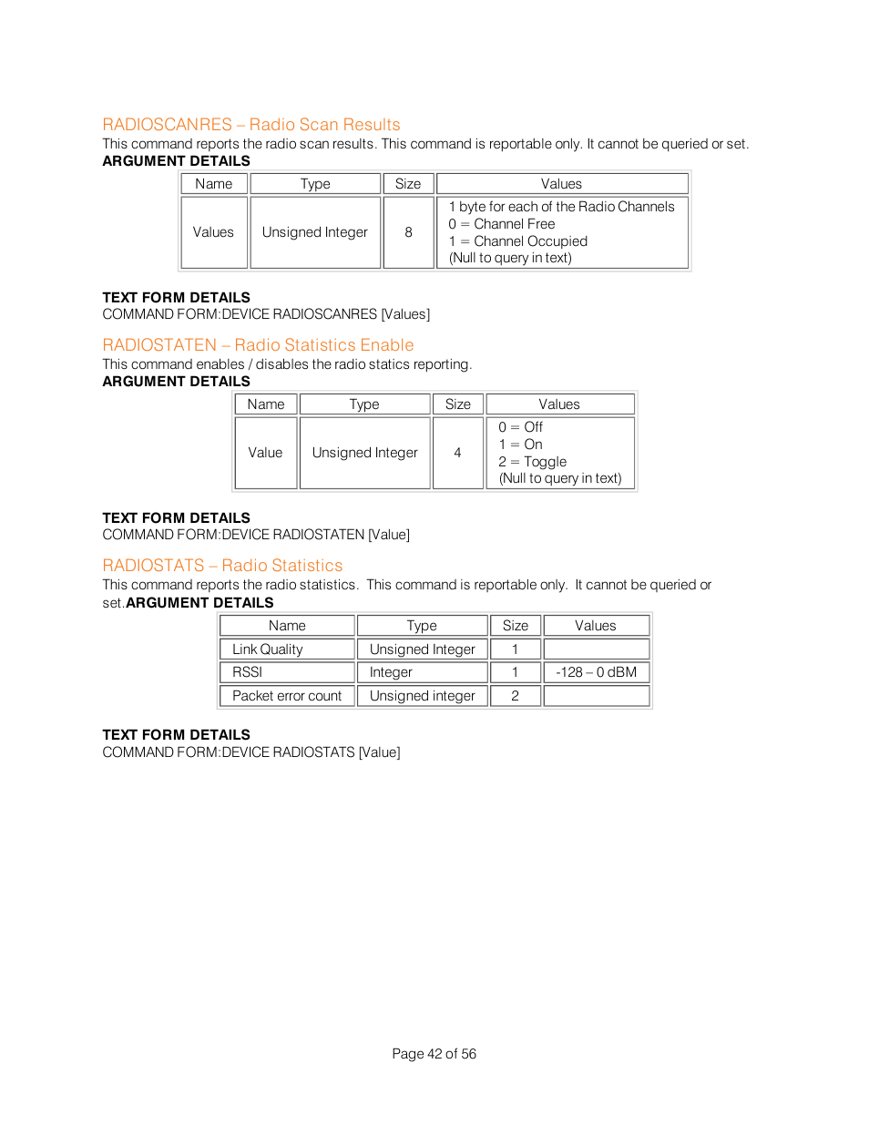 Radioscanres – radio scan results, Radiostaten – radio statistics enable, Radiostats – radio statistics | ClearOne Interact Serial Command Guide User Manual | Page 47 / 61