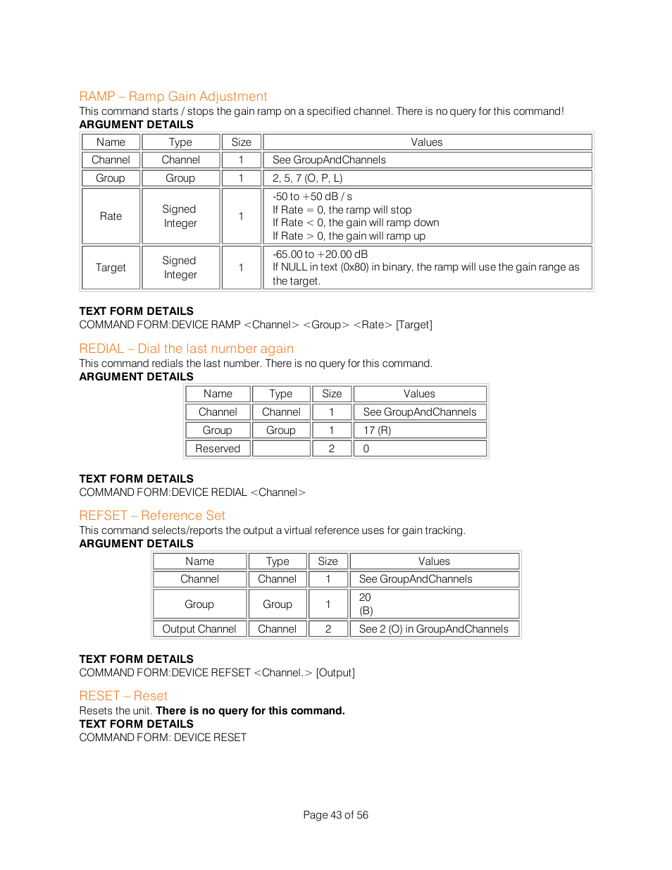 Ramp – ramp gain adjustment, Redial – dial the last number again, Refset – reference set | Reset – reset | ClearOne Interact Serial Command Guide User Manual | Page 48 / 61