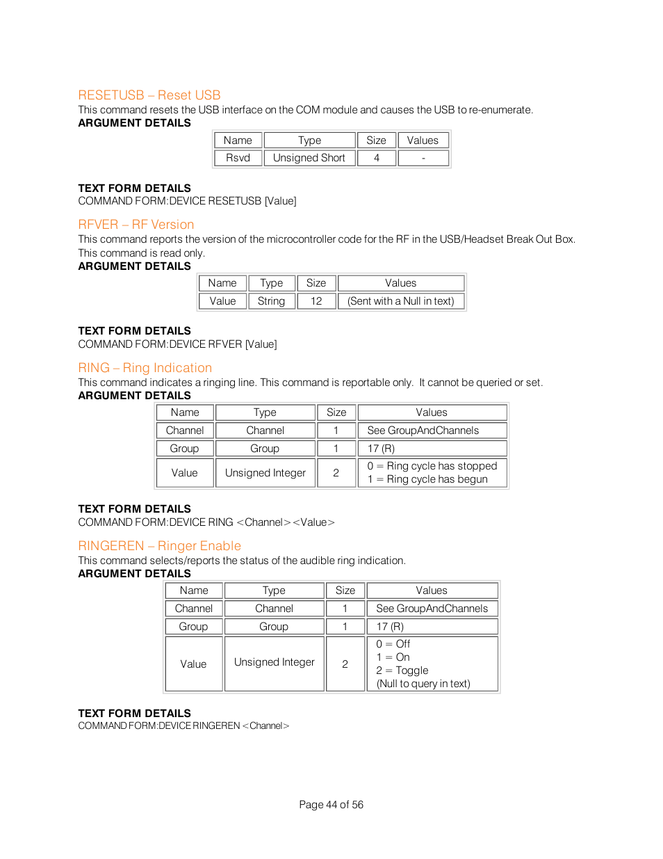 Resetusb – reset usb, Rfver – rf version, Ring – ring indication | Ringeren – ringer enable | ClearOne Interact Serial Command Guide User Manual | Page 49 / 61