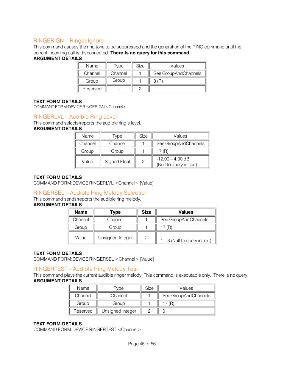 Ringerign – ringer ignore, Ringerlvl – audible ring level, Ringersel – audible ring melody selection | Ringertest – audible ring melody test | ClearOne Interact Serial Command Guide User Manual | Page 50 / 61
