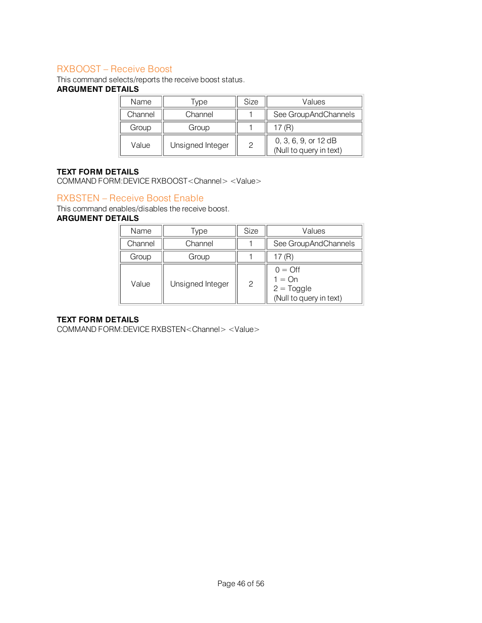 Rxboost – receive boost, Rxbsten – receive boost enable | ClearOne Interact Serial Command Guide User Manual | Page 51 / 61