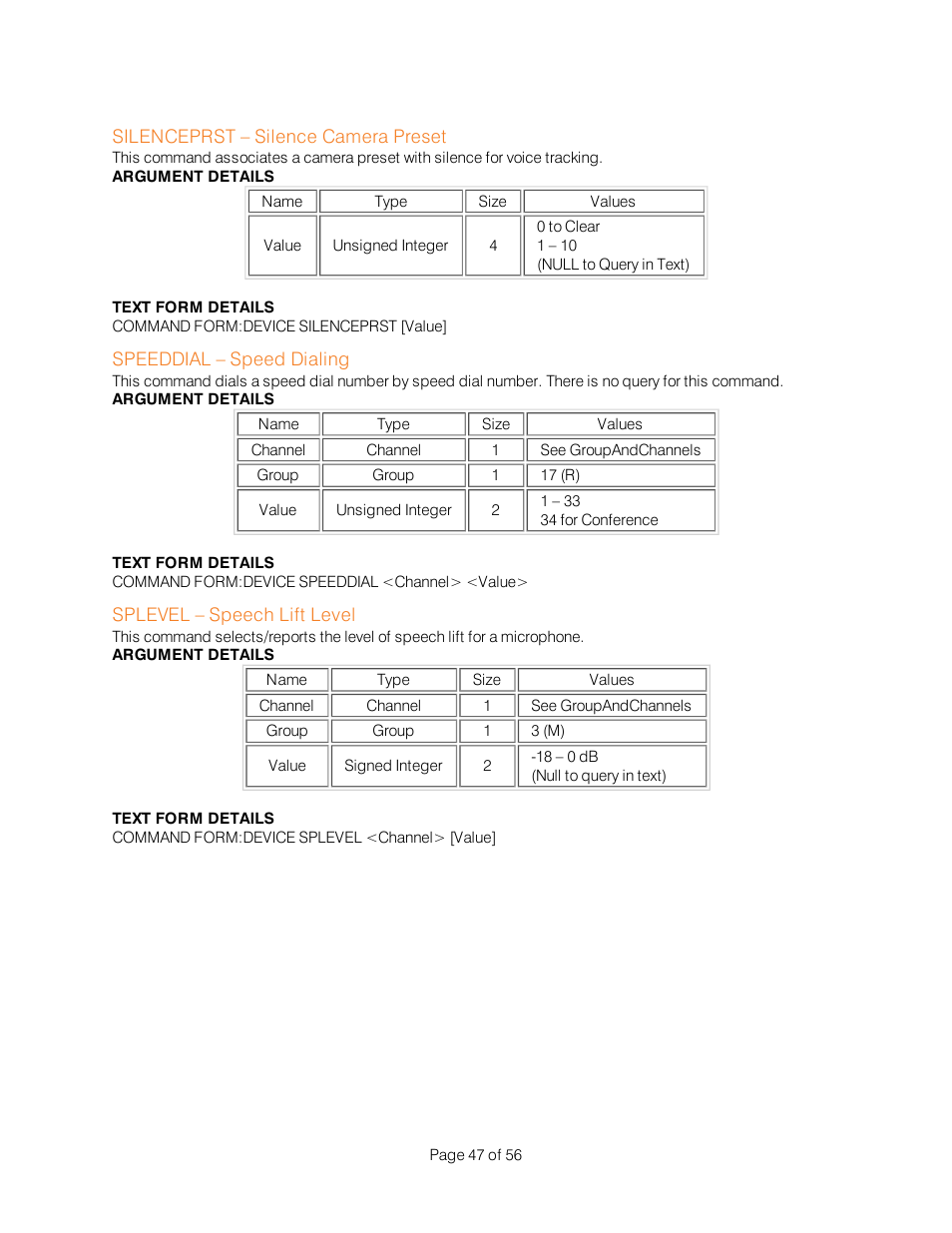 Silenceprst – silence camera preset, Speeddial – speed dialing, Splevel – speech lift level | ClearOne Interact Serial Command Guide User Manual | Page 52 / 61