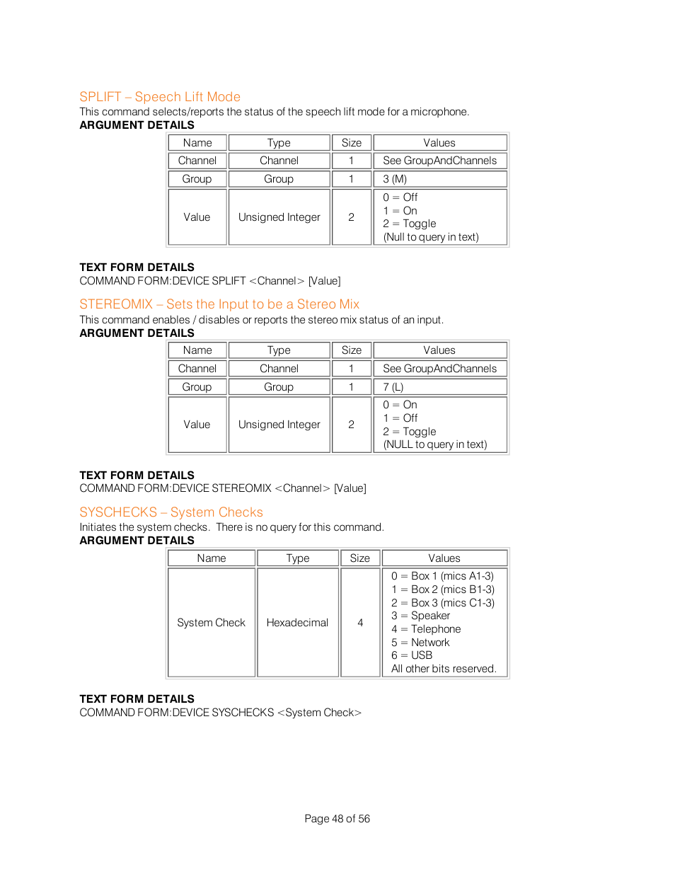 Splift – speech lift mode, Stereomix – sets the input to be a stereo mix, Syschecks – system checks | ClearOne Interact Serial Command Guide User Manual | Page 53 / 61